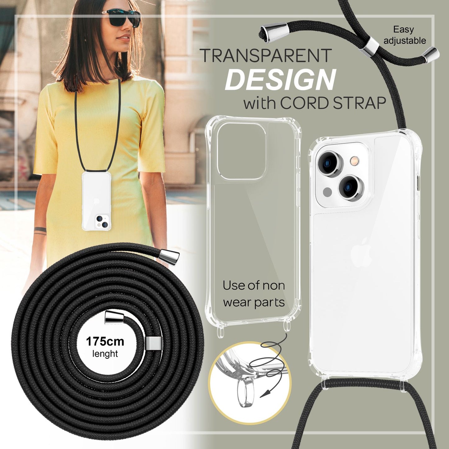 iPhone 14 Case with Chain - Clear Phone Case with Cord Strap for Wearing Around Your Neck