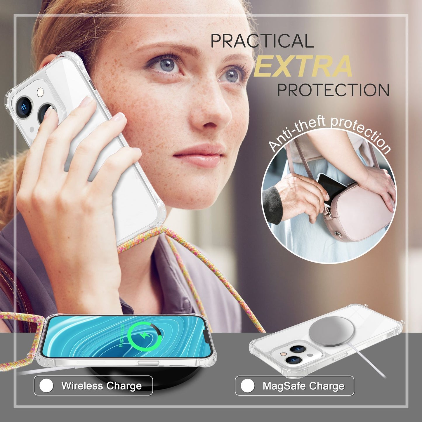 iPhone 14 Case with Chain - Clear Phone Case with Cord Strap for Wearing Around Your Neck