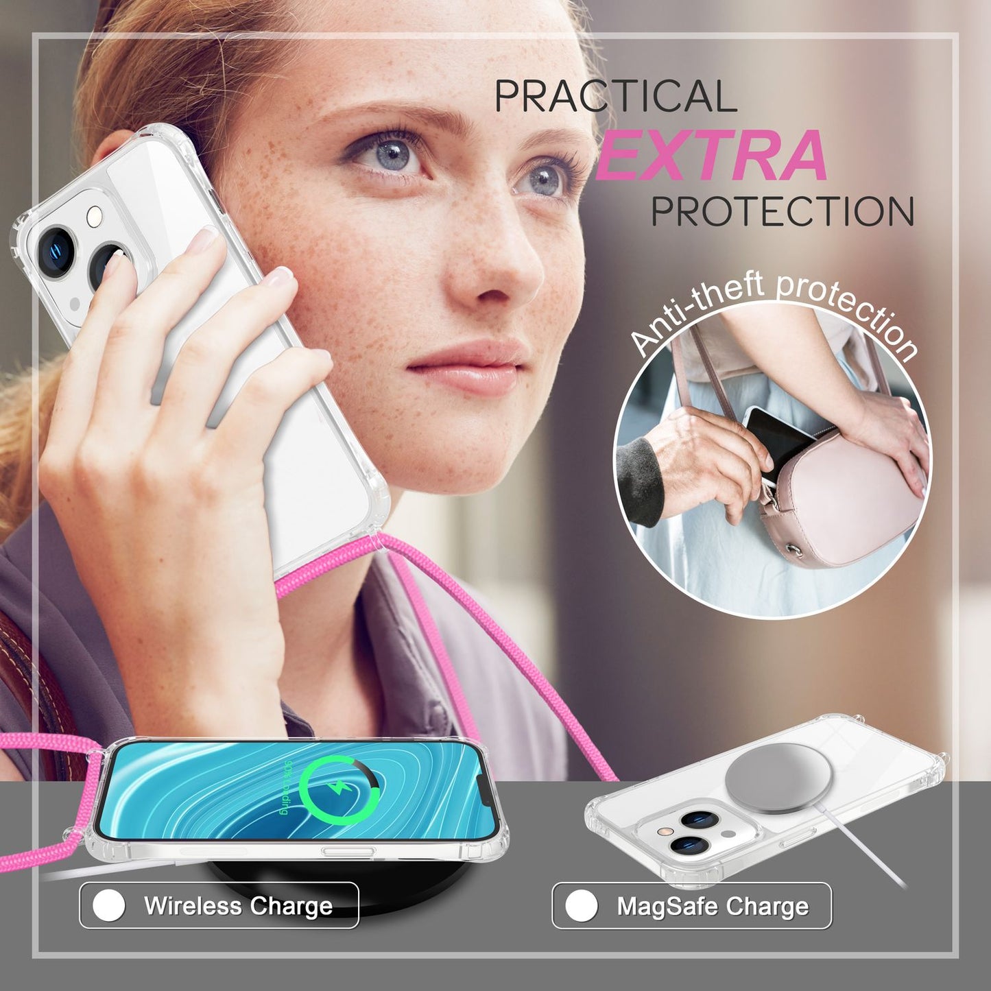 iPhone 14 Case with Chain - Clear Phone Case with Cord Strap for Wearing Around Your Neck