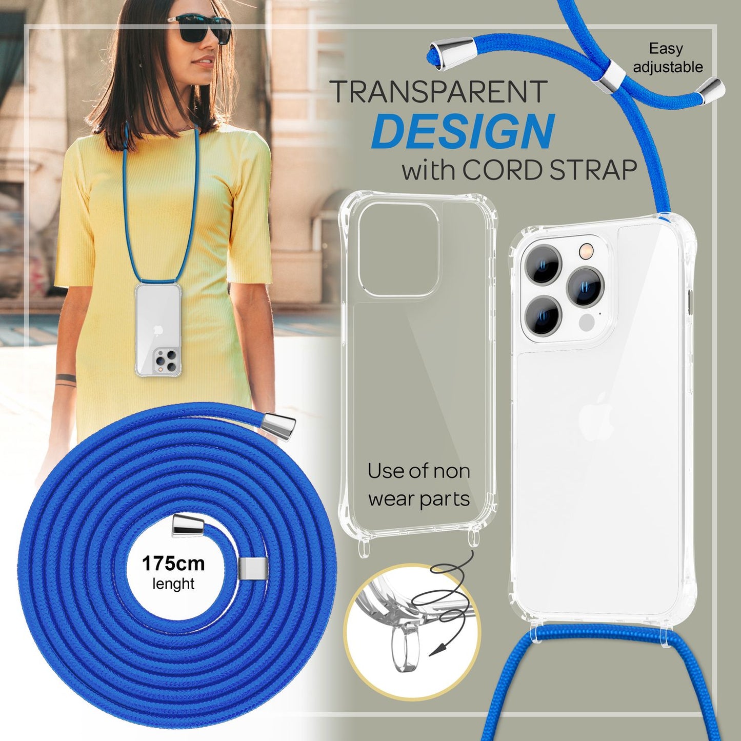 Case with chain for iPhone 14 Pro - Clear phone case with cord for wearing around your neck