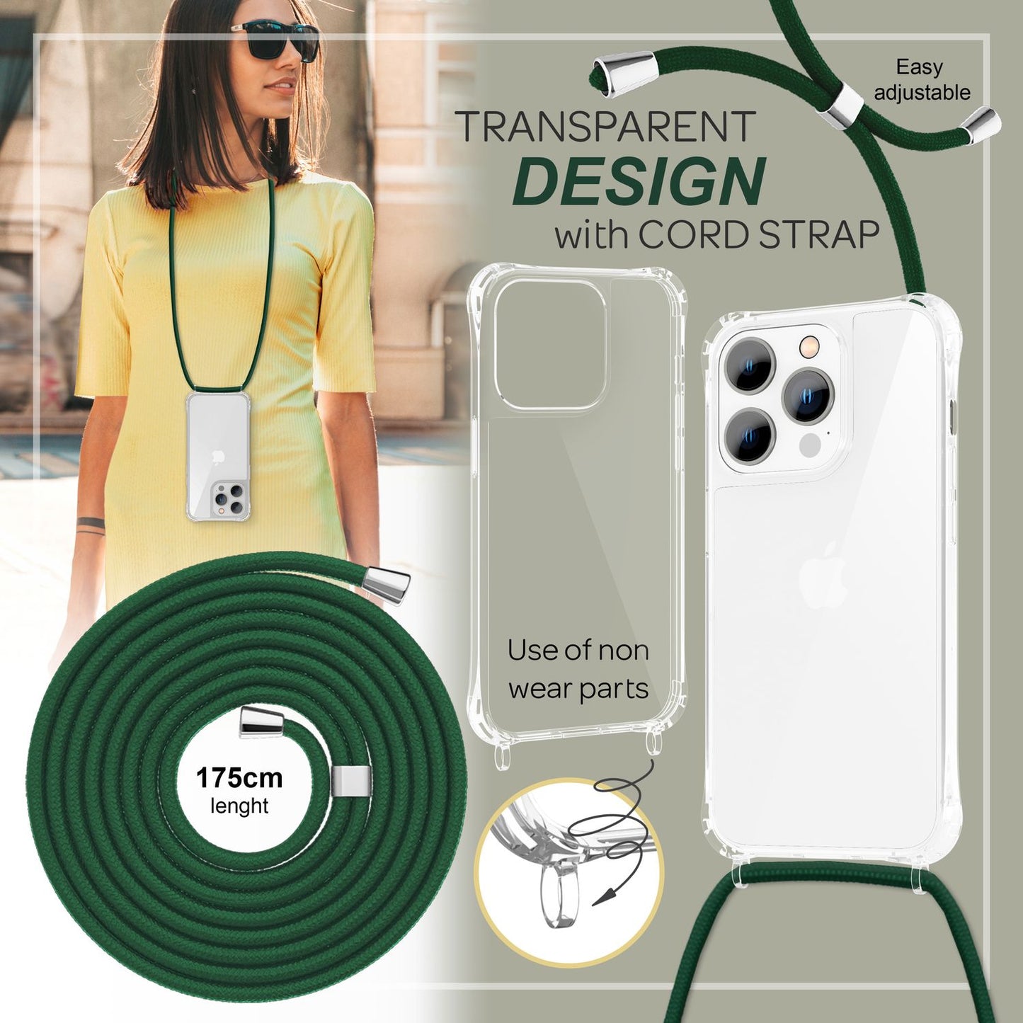 Case with chain for iPhone 14 Pro - Clear phone case with cord for wearing around your neck