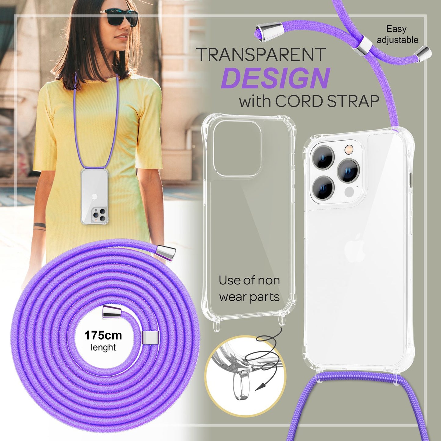 Case with chain for iPhone 14 Pro - Clear phone case with cord for wearing around your neck
