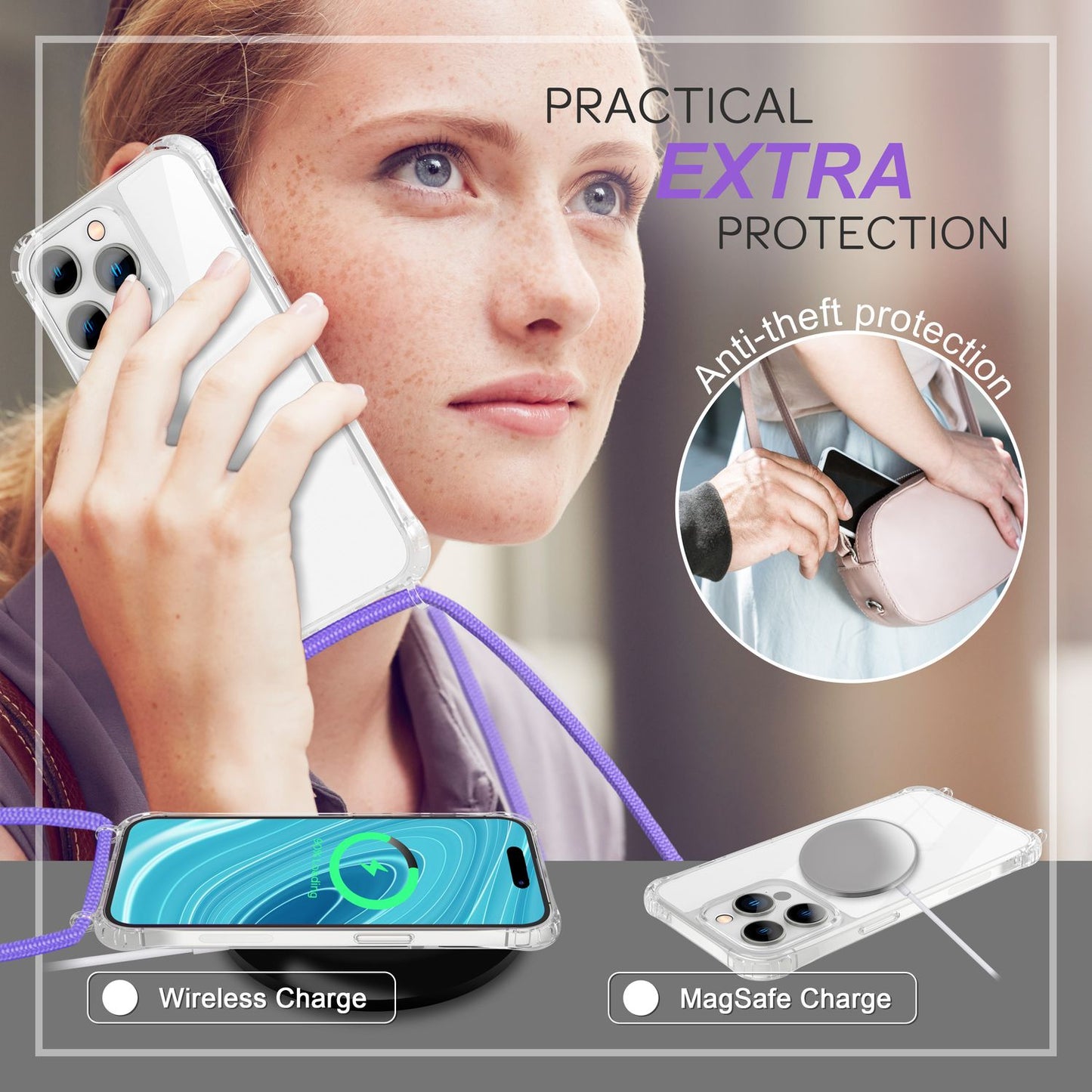 Case with chain for iPhone 14 Pro - Clear phone case with cord for wearing around your neck
