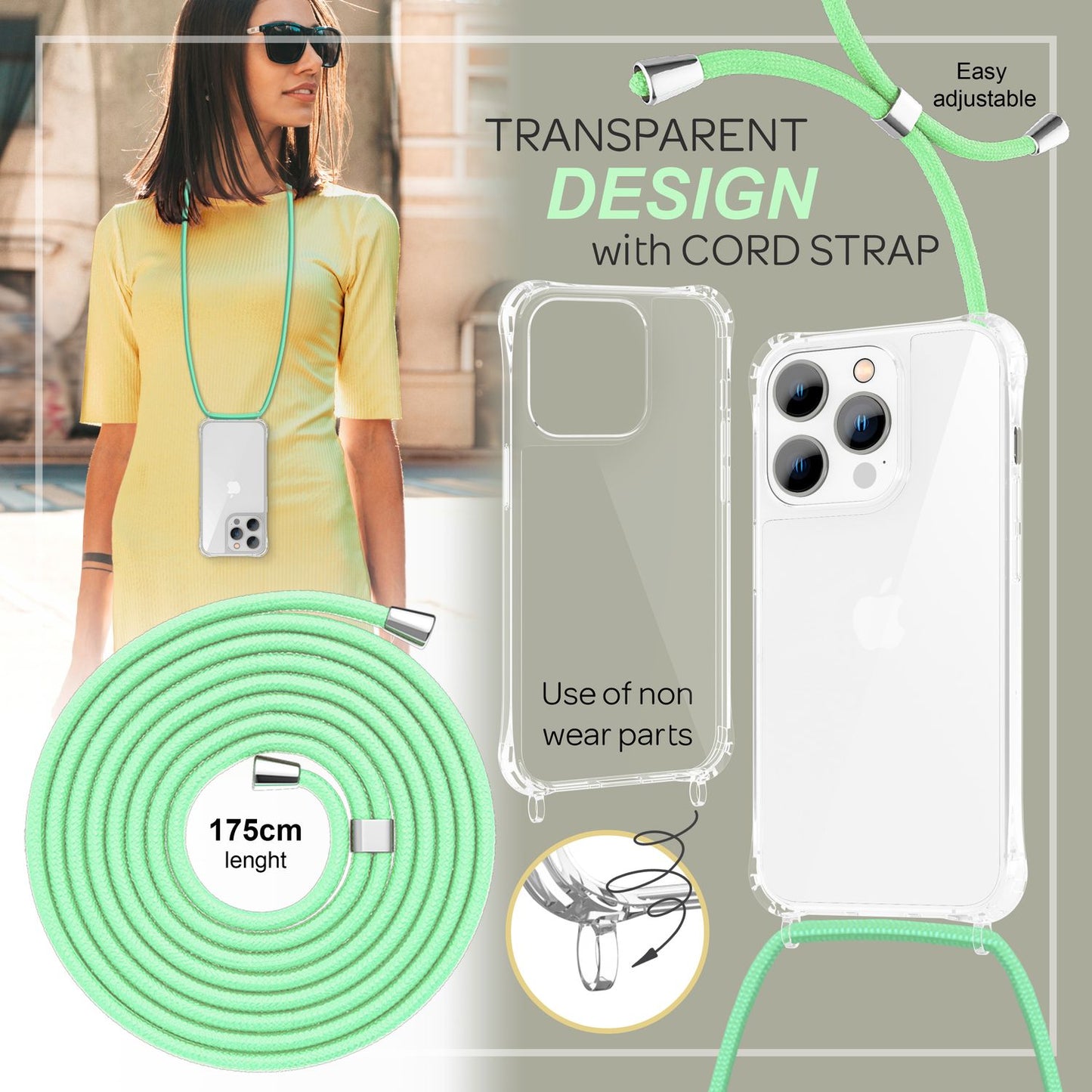 Case with chain for iPhone 14 Pro - Clear phone case with cord for wearing around your neck