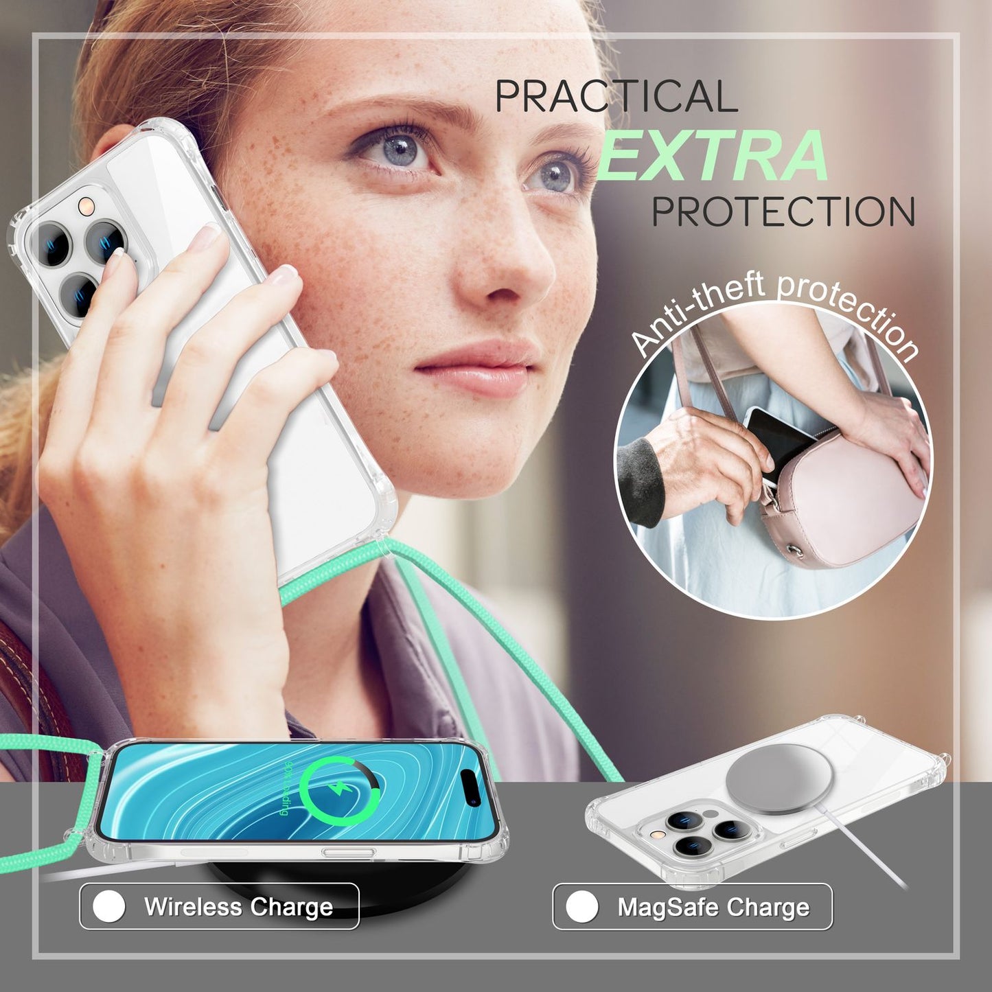 Case with chain for iPhone 14 Pro - Clear phone case with cord for wearing around your neck