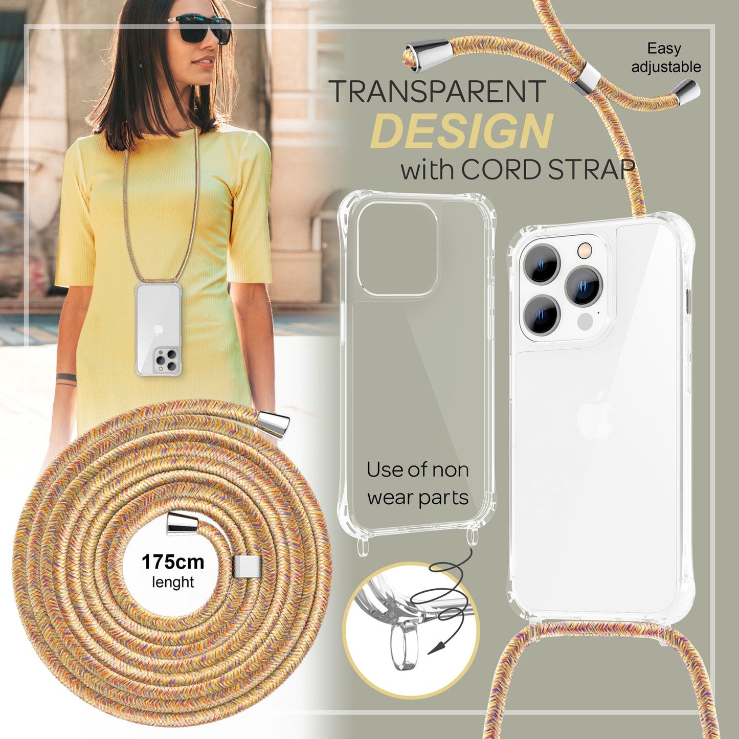 Case with chain for iPhone 14 Pro - Clear phone case with cord for wearing around your neck