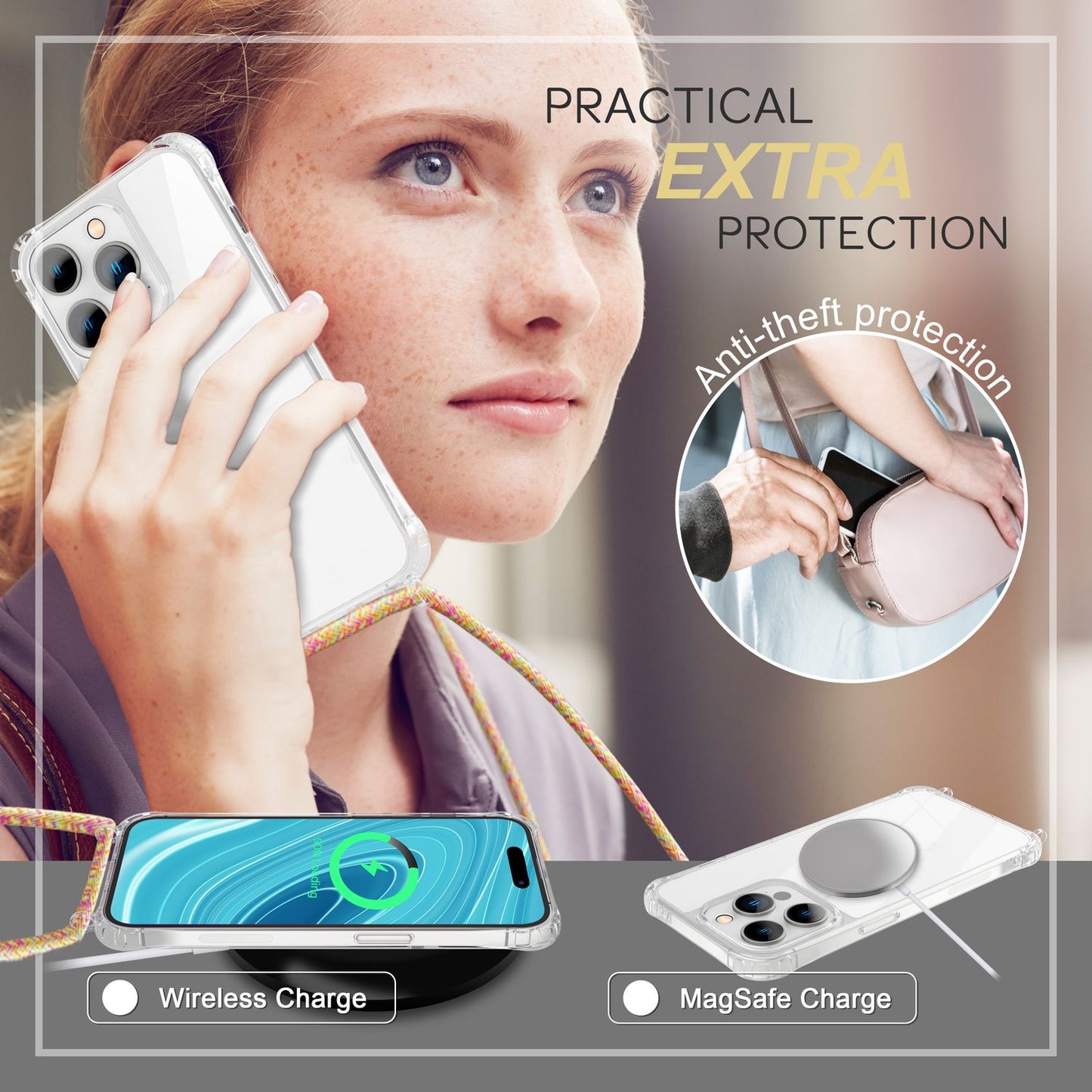 Case with chain for iPhone 14 Pro - Clear phone case with cord for wearing around your neck
