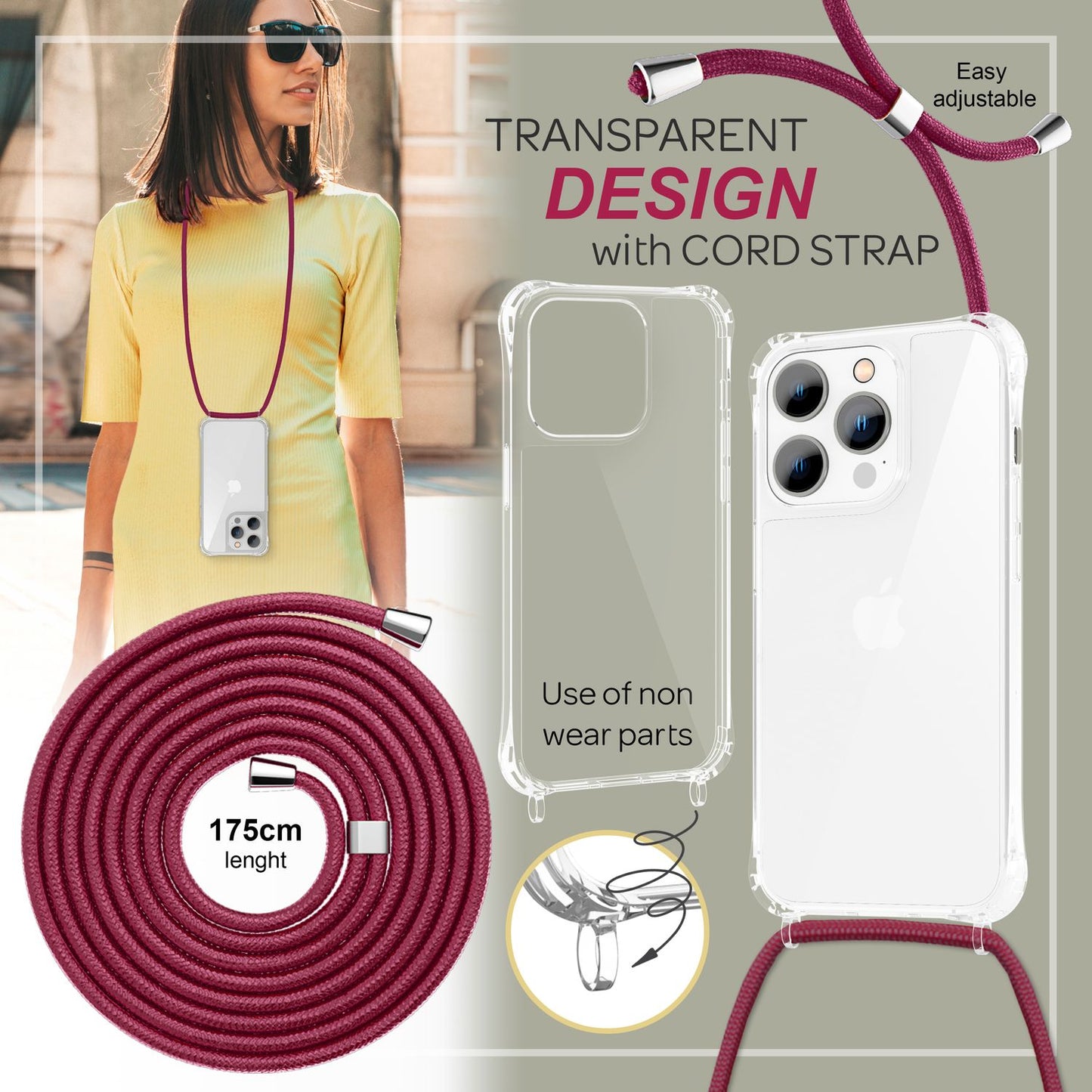 Case with chain for iPhone 14 Pro - Clear phone case with cord for wearing around your neck