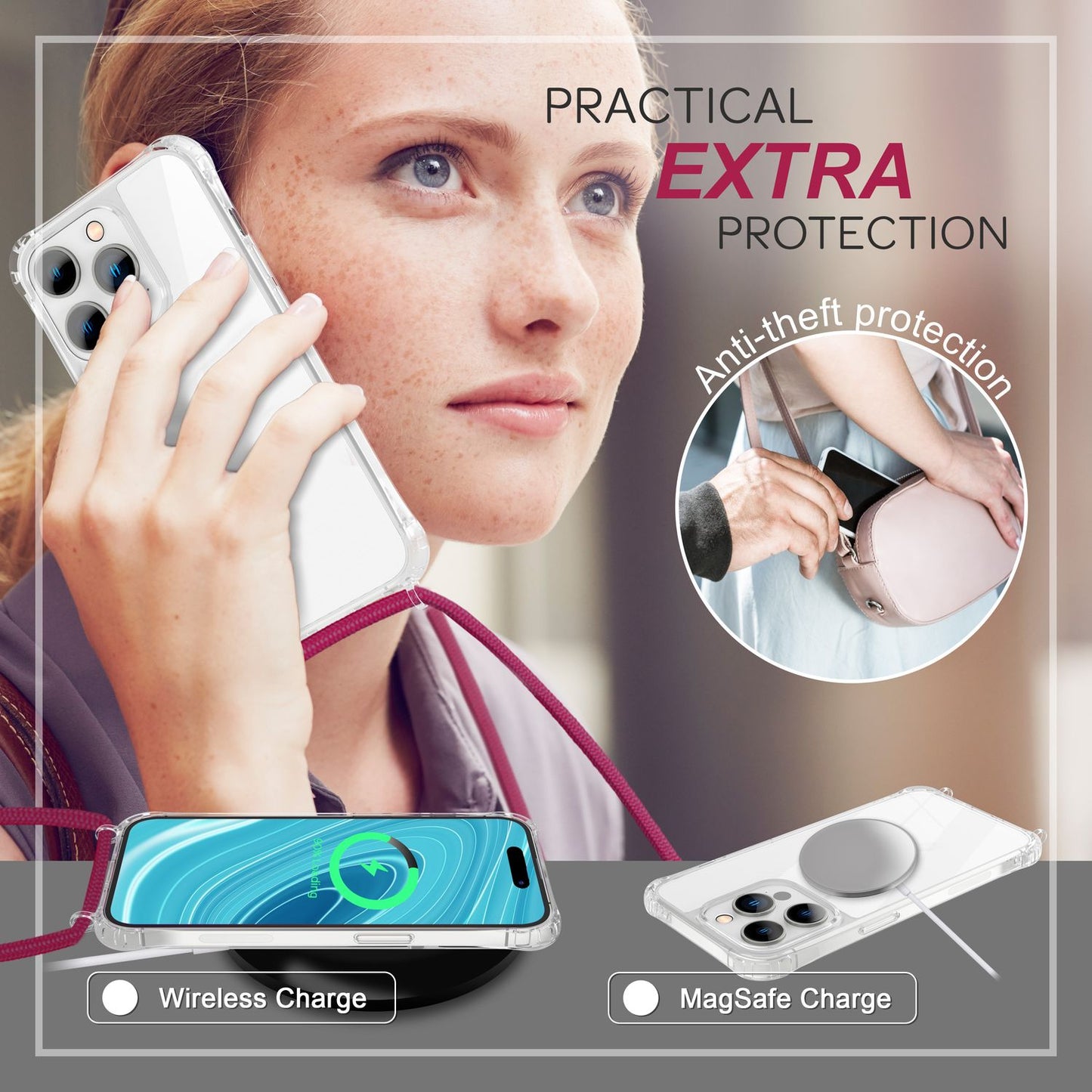 Case with chain for iPhone 14 Pro - Clear phone case with cord for wearing around your neck