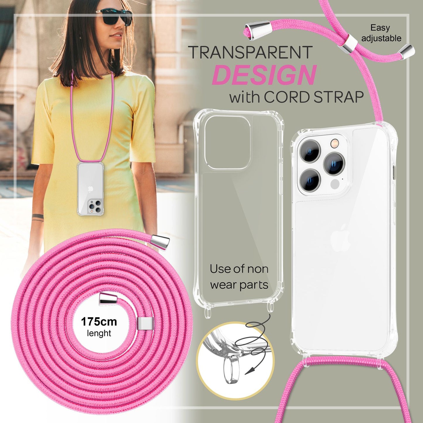Case with chain for iPhone 14 Pro - Clear phone case with cord for wearing around your neck