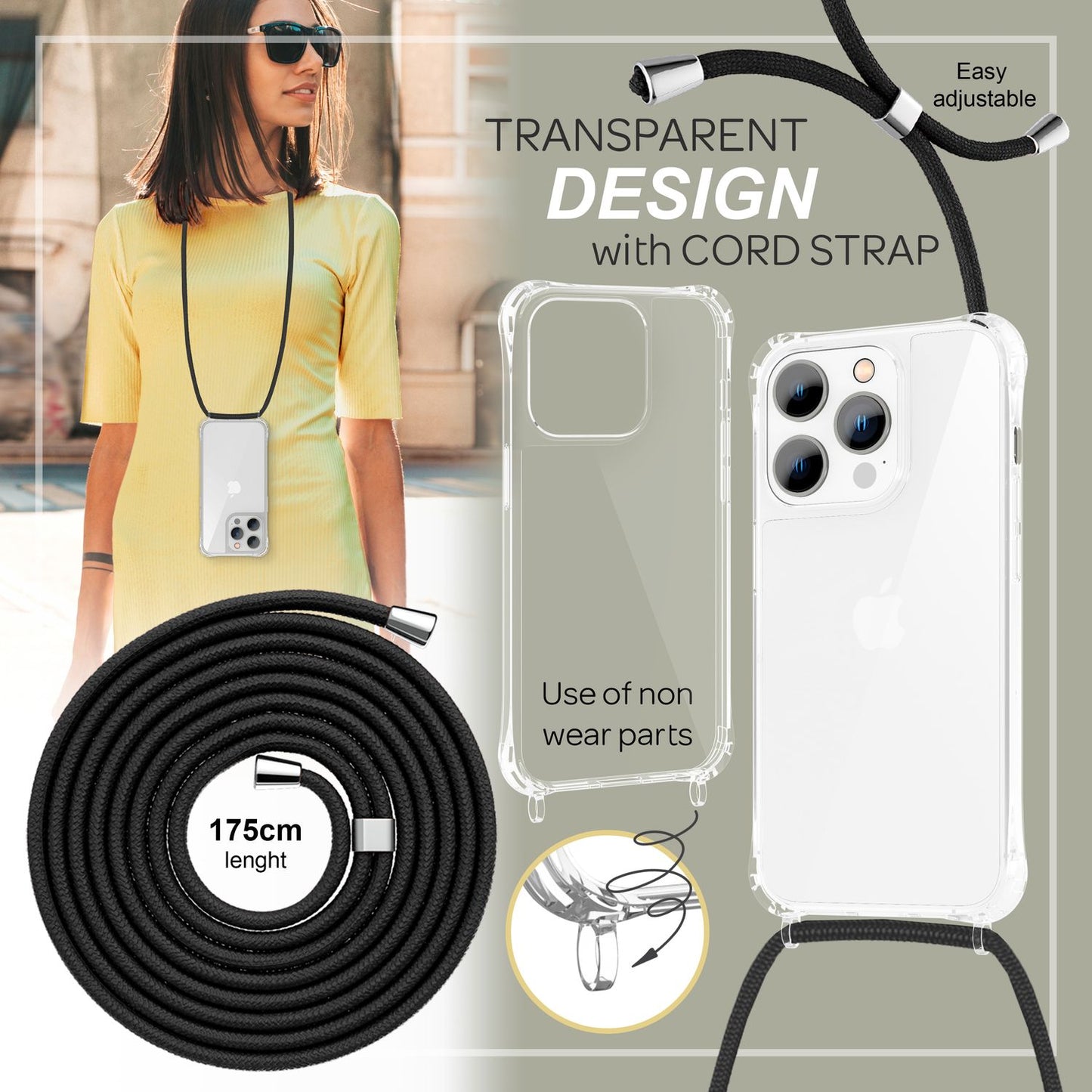 Case with chain for iPhone 14 Pro - Clear phone case with cord for wearing around your neck
