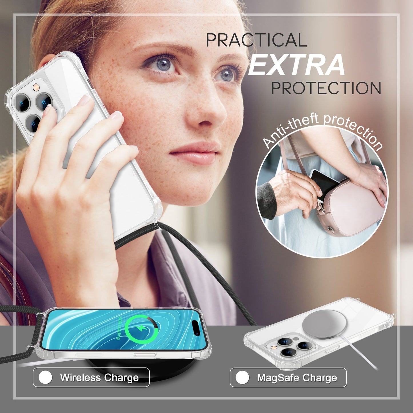 Case with chain for iPhone 14 Pro - Clear phone case with cord for wearing around your neck