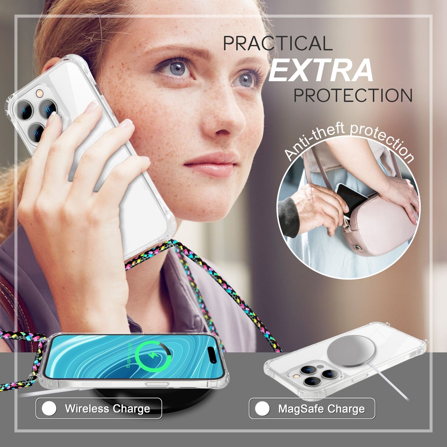 Case with chain for iPhone 14 Pro - Clear phone case with cord for wearing around your neck