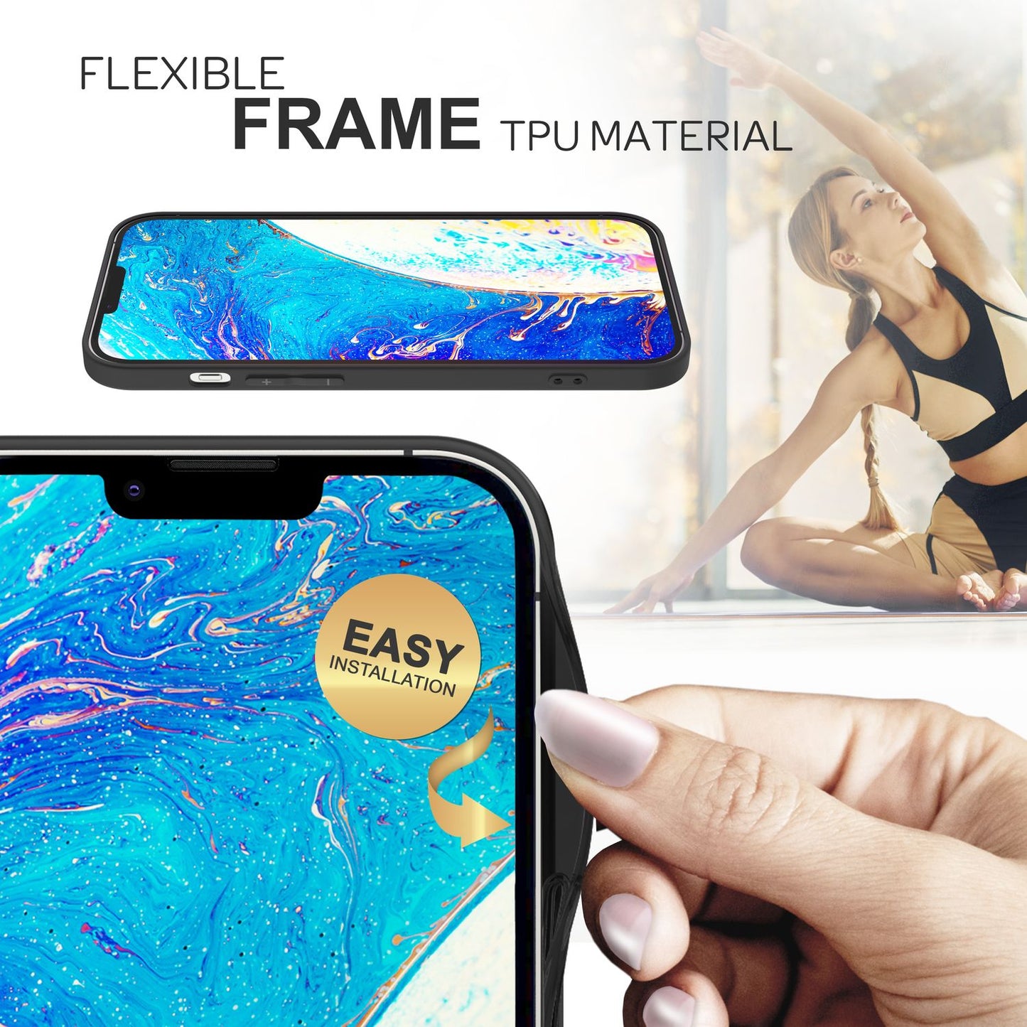 Glass case for iPhone 14, marble look hard case silicone frame phone protective cover