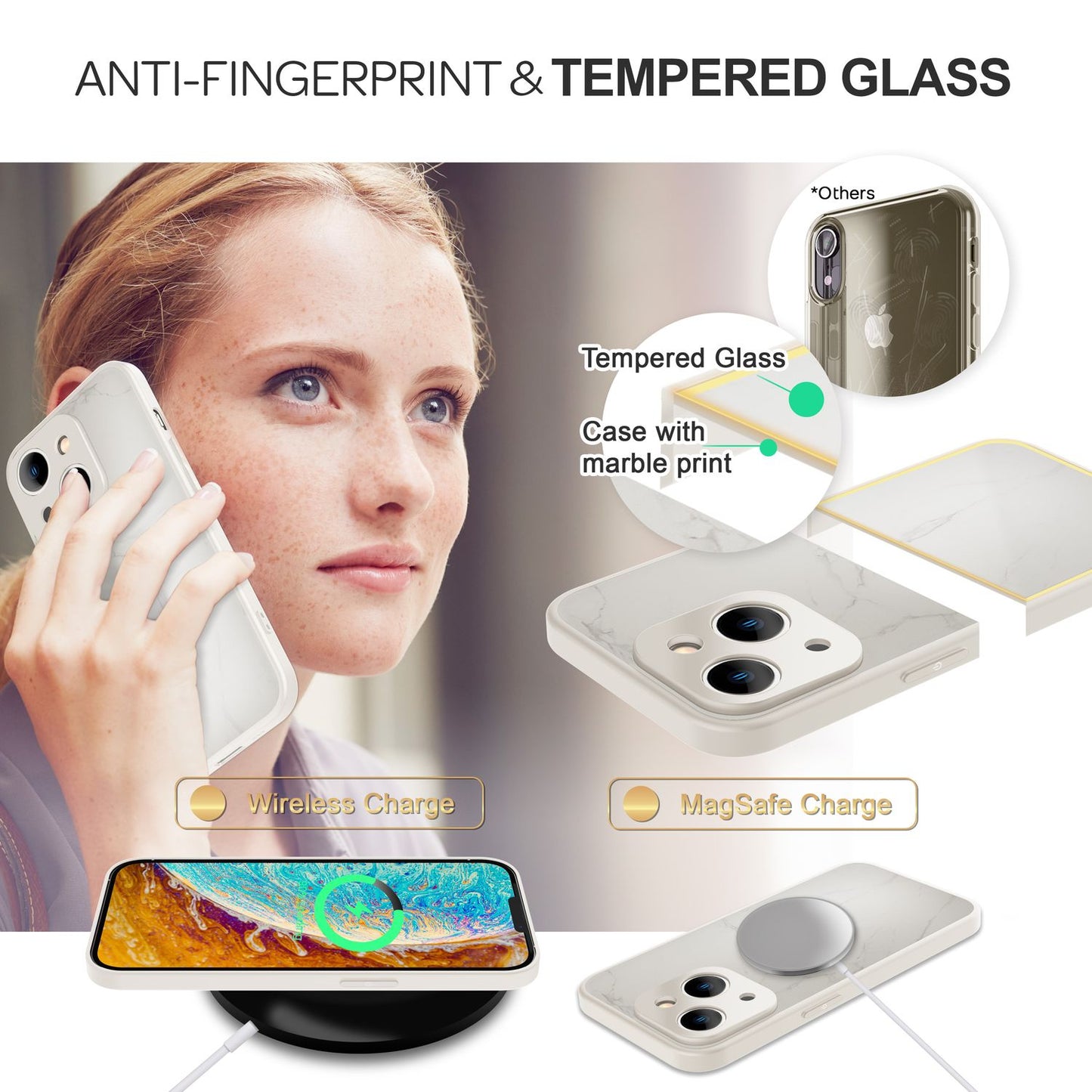 Glass case for iPhone 14 Plus, marble look hard case silicone frame phone cover