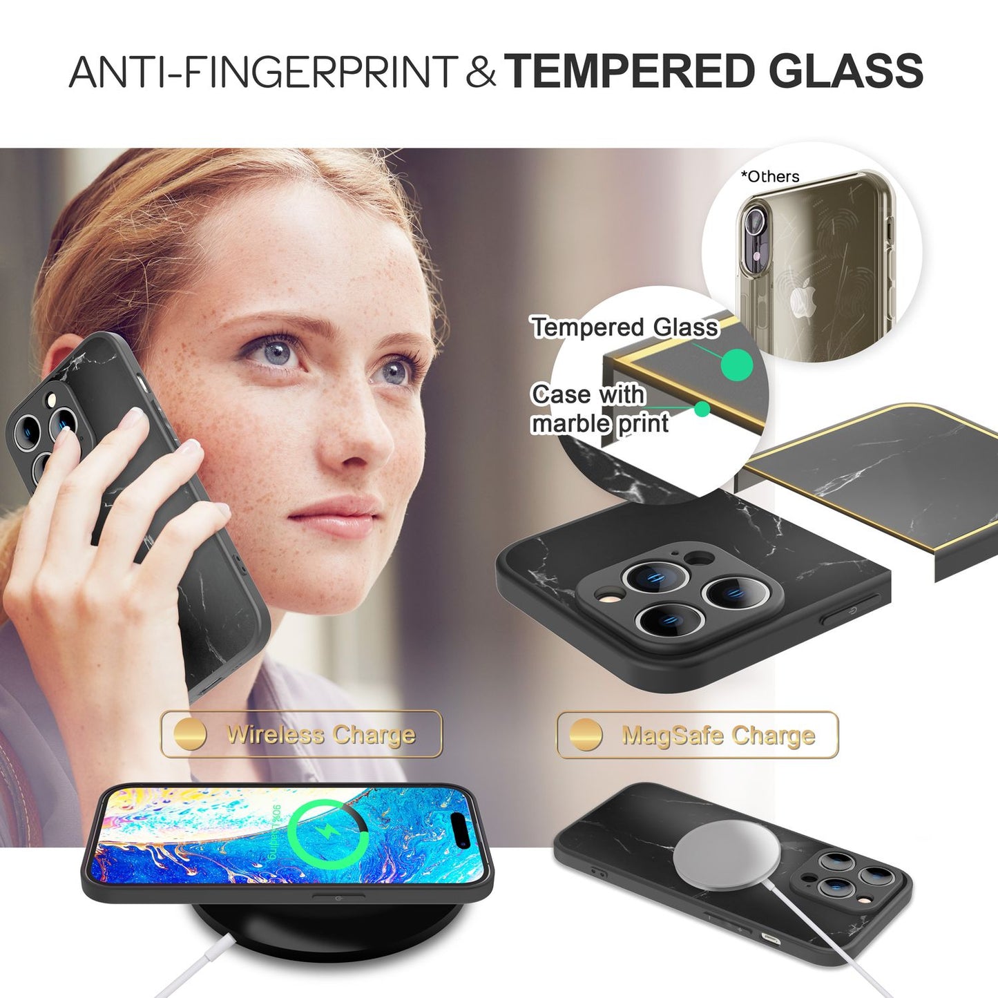 Glerhulstur fyrir iPhone 14 Pro, hart hulstur með marmaraútliti og sílikonramma fyrir síma