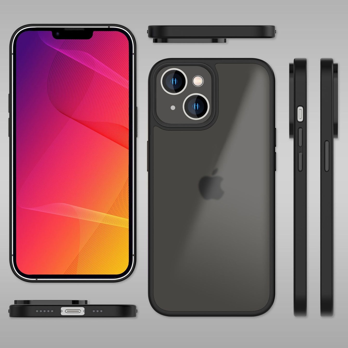 Hybrid hulstur fyrir iPhone 14 - Matt gegnsætt hart hulstur með sílikonhlífðarramma