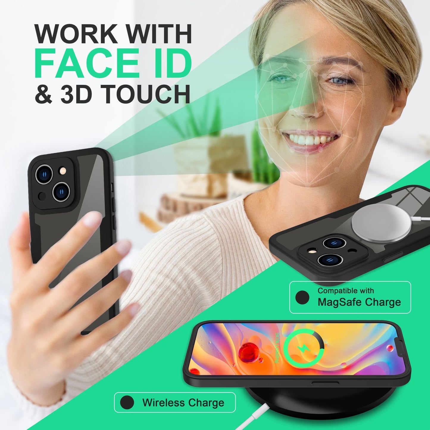 360° hulstur fyrir iPhone 14 Plus, gegnsætt, gulnandi og fullhlífandi hulstur úr sílikoni.