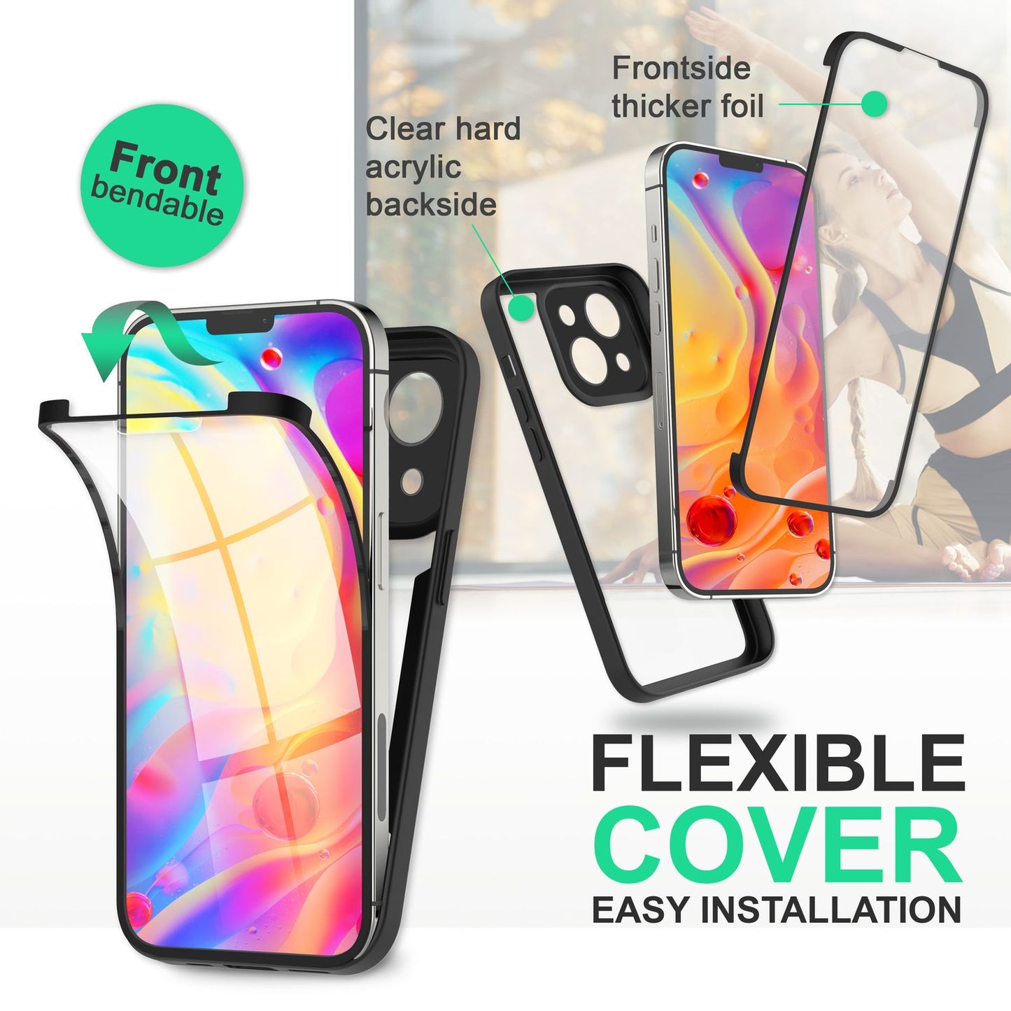 360° hulstur fyrir iPhone 14 Plus, gegnsætt, gulnandi og fullhlífandi hulstur úr sílikoni.