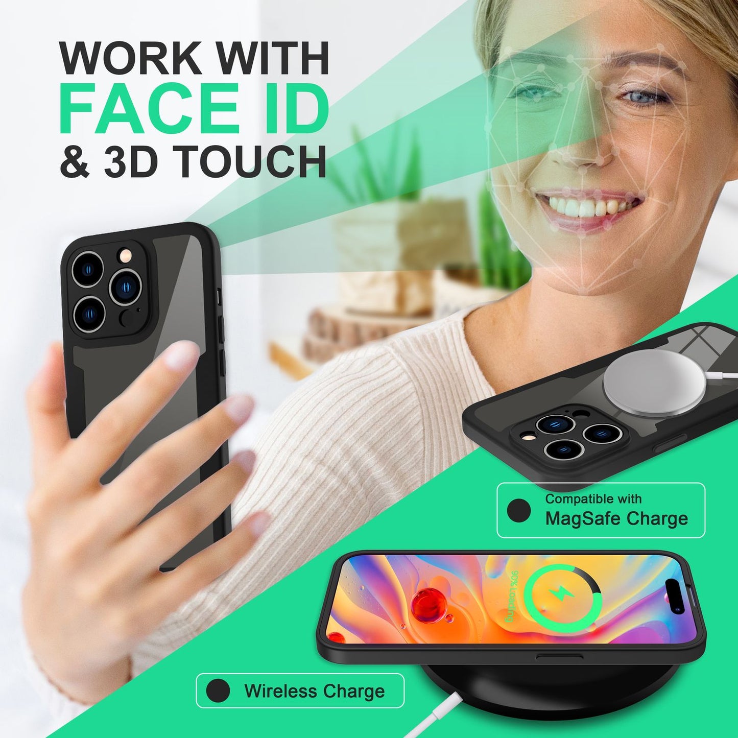 360° hulstur fyrir iPhone 14 Pro, gegnsætt, gulnandi og fullhlífandi hulstur úr sílikoni.