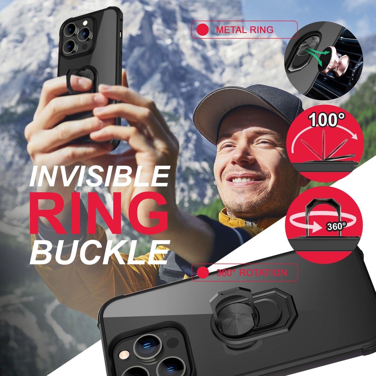 Ring Case for iPhone 14 Pro - Clear Transparent Protective Frame 360° Ring Stand