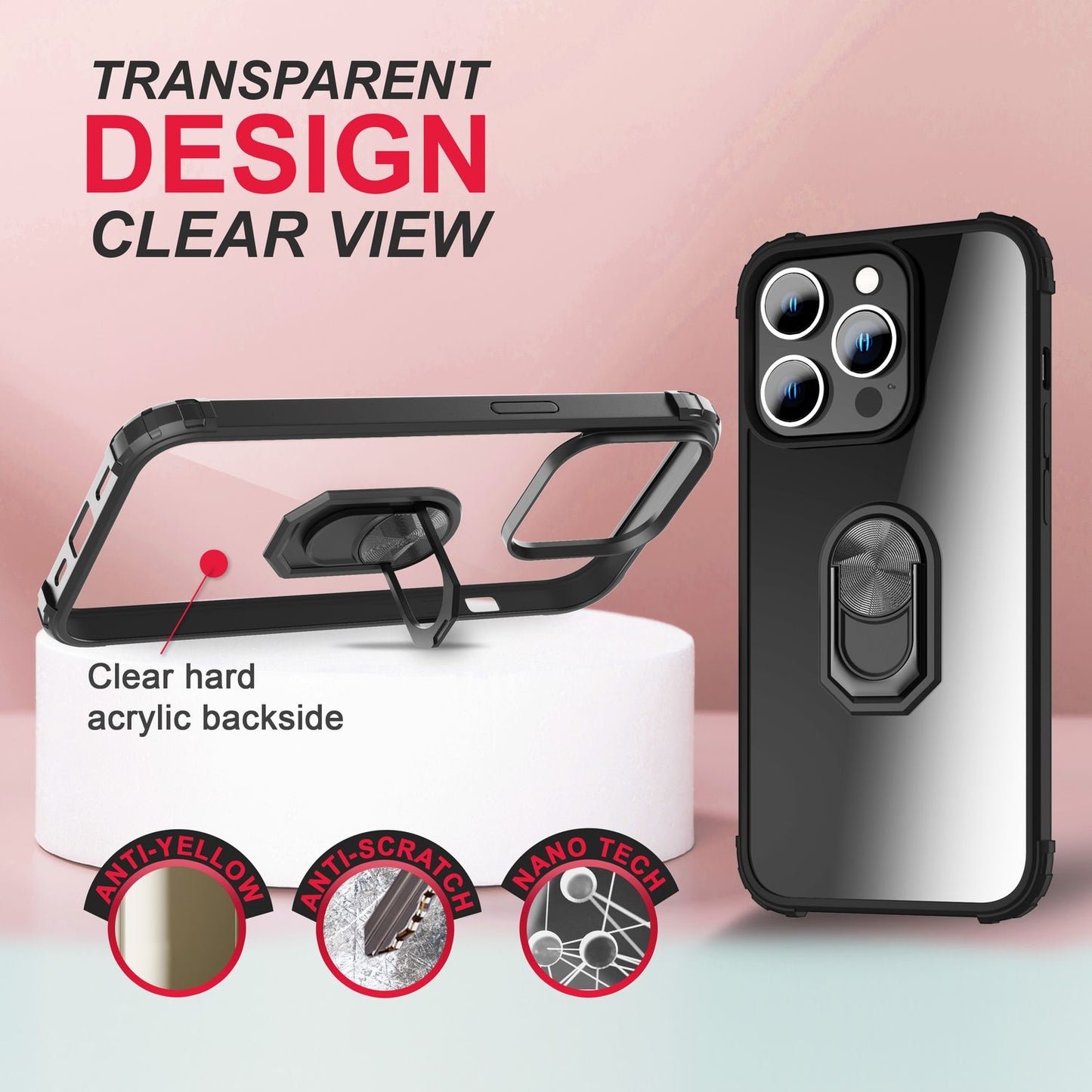 Ring Case for iPhone 14 Pro Max - Clear Transparent Protective Frame 360° Ring Case