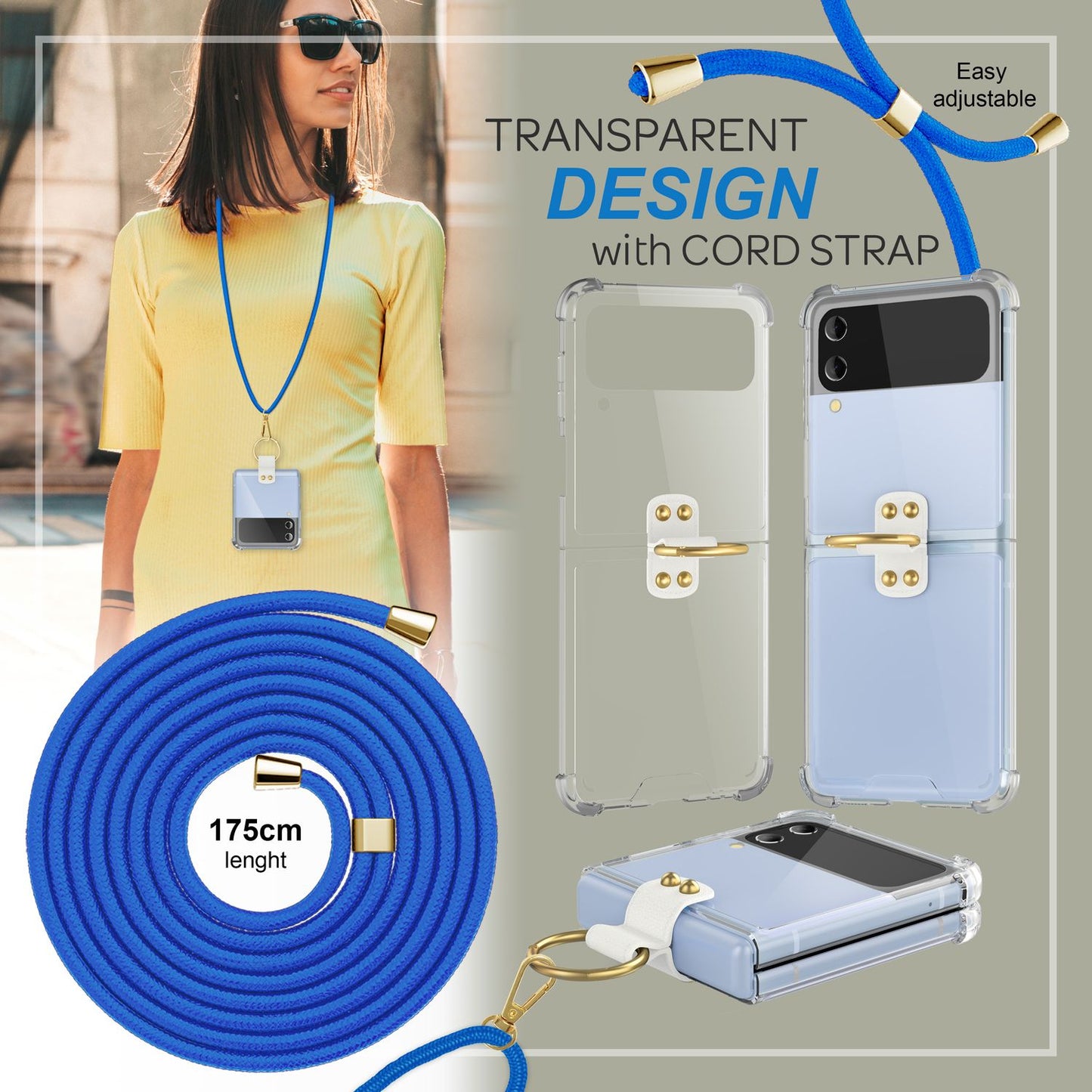 Hlífðarhulstur fyrir Samsung Galaxy Z Flip4 með gegnsæju og snúruhring