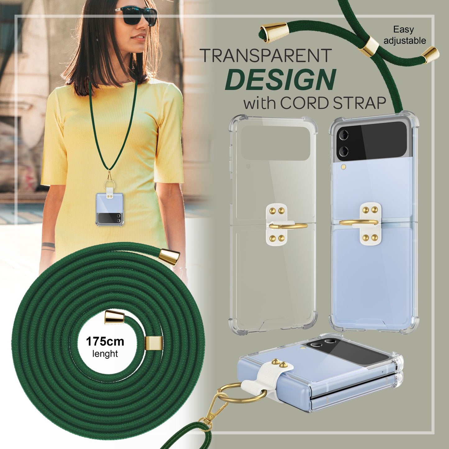 Hlífðarhulstur fyrir Samsung Galaxy Z Flip4 með gegnsæju og snúruhring