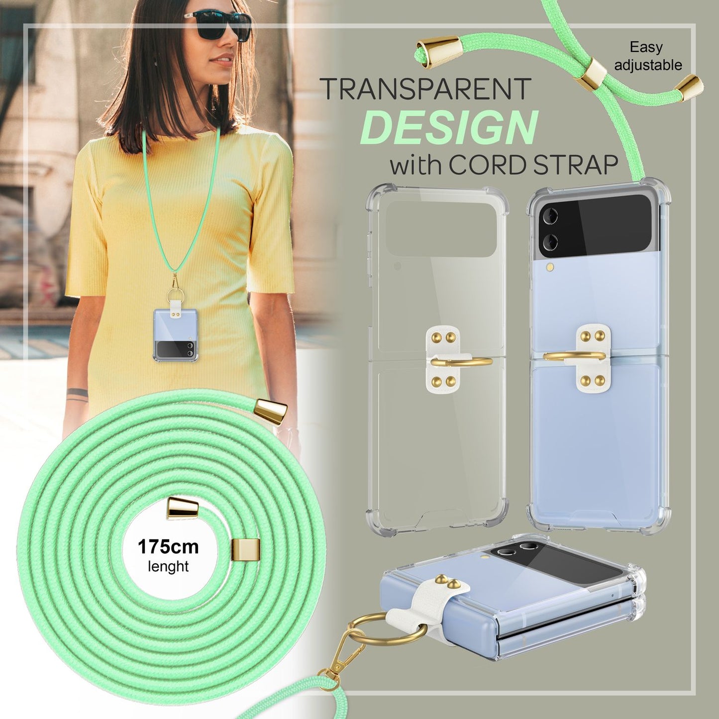 Hlífðarhulstur fyrir Samsung Galaxy Z Flip4 með gegnsæju og snúruhring