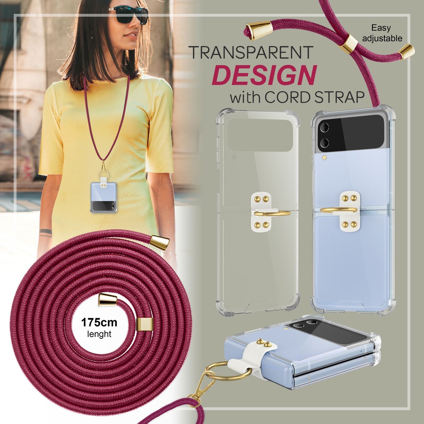 Hlífðarhulstur fyrir Samsung Galaxy Z Flip4 með gegnsæju og snúruhring