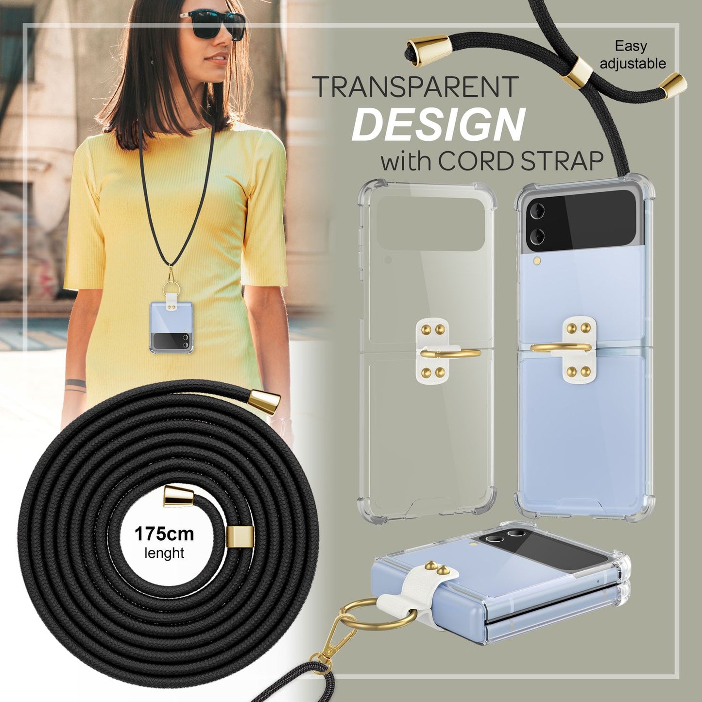 Hlífðarhulstur fyrir Samsung Galaxy Z Flip4 með gegnsæju og snúruhring