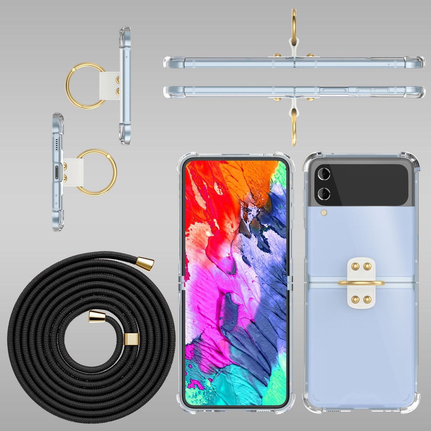 Hlífðarhulstur fyrir Samsung Galaxy Z Flip4 með gegnsæju og snúruhring