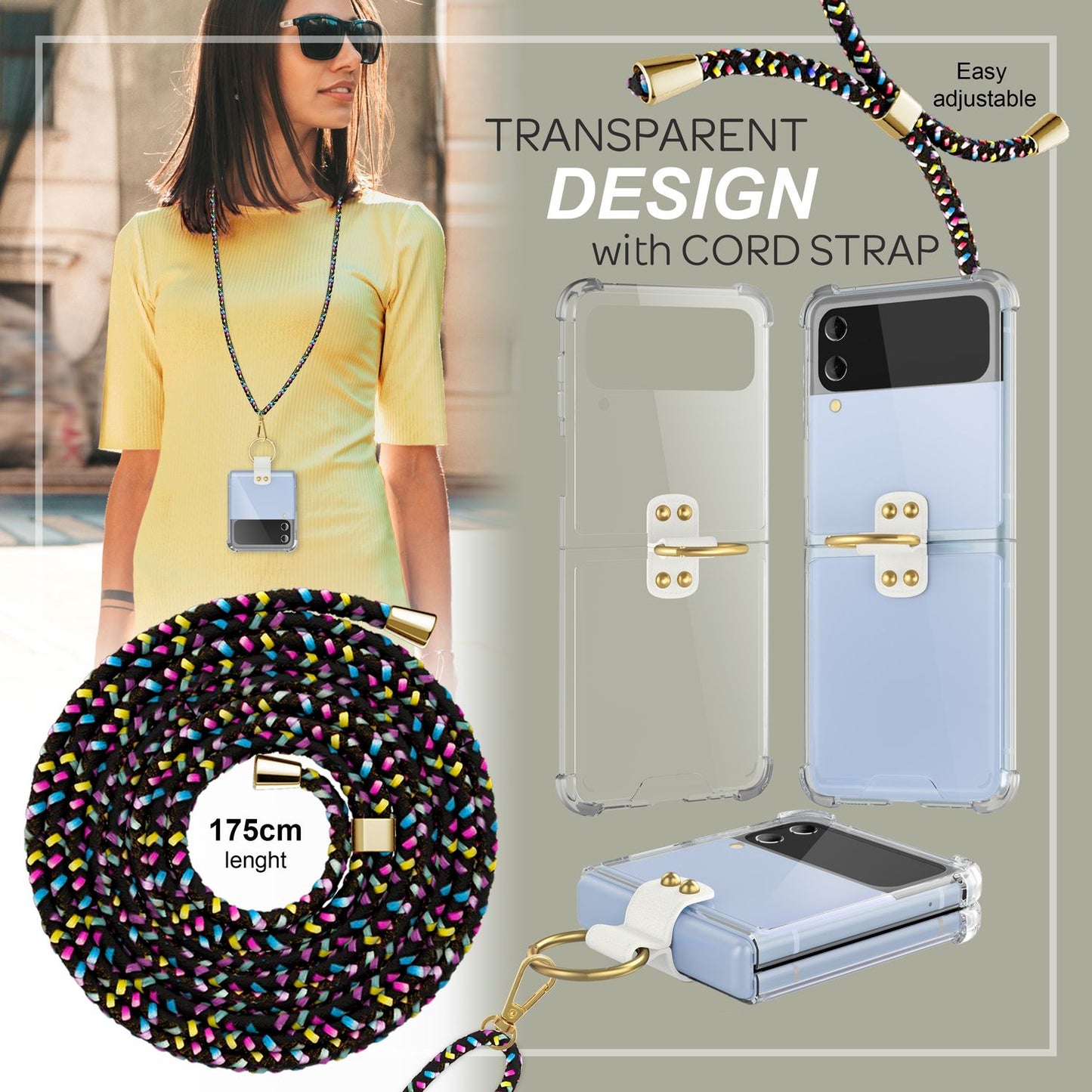 Hlífðarhulstur fyrir Samsung Galaxy Z Flip4 með gegnsæju og snúruhring