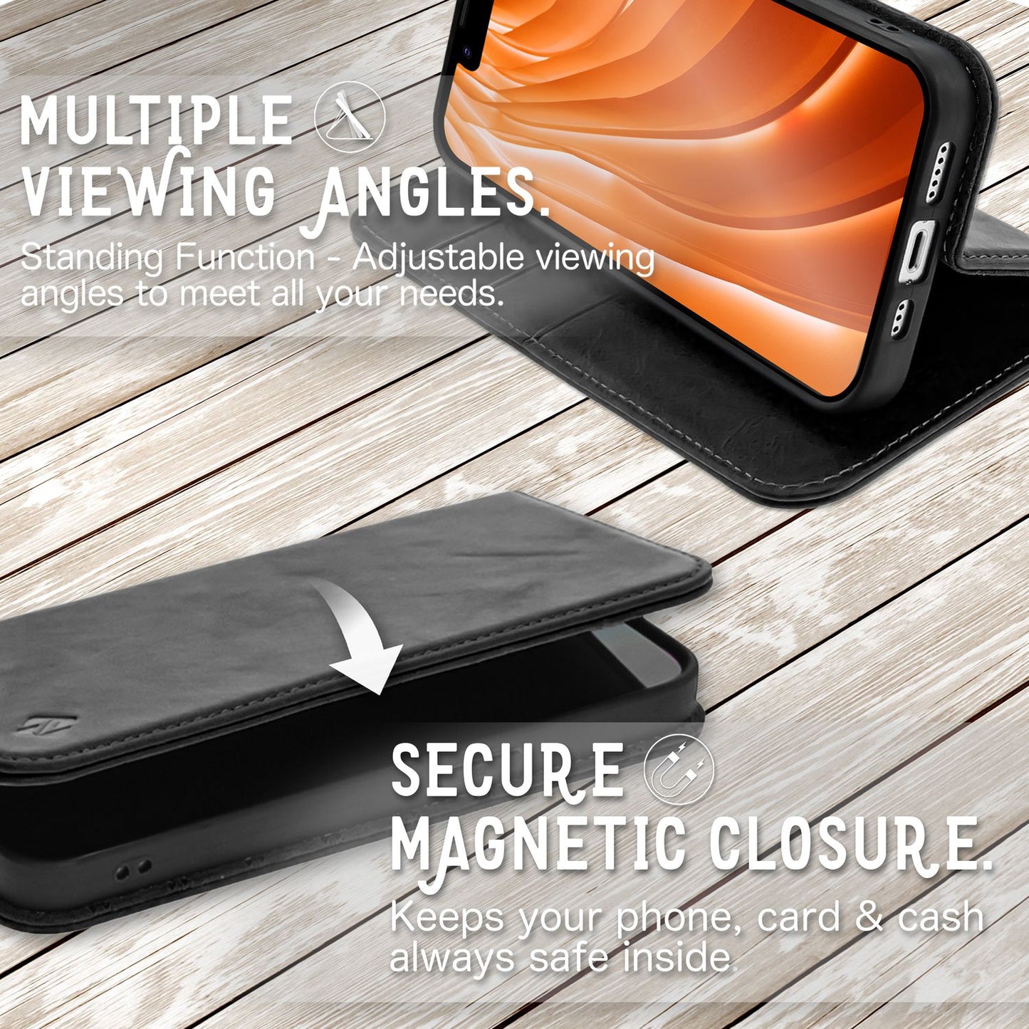 Leðurhulstur fyrir iPhone 14, RFID vörn, smelluhulstur, hlífðarhulstur