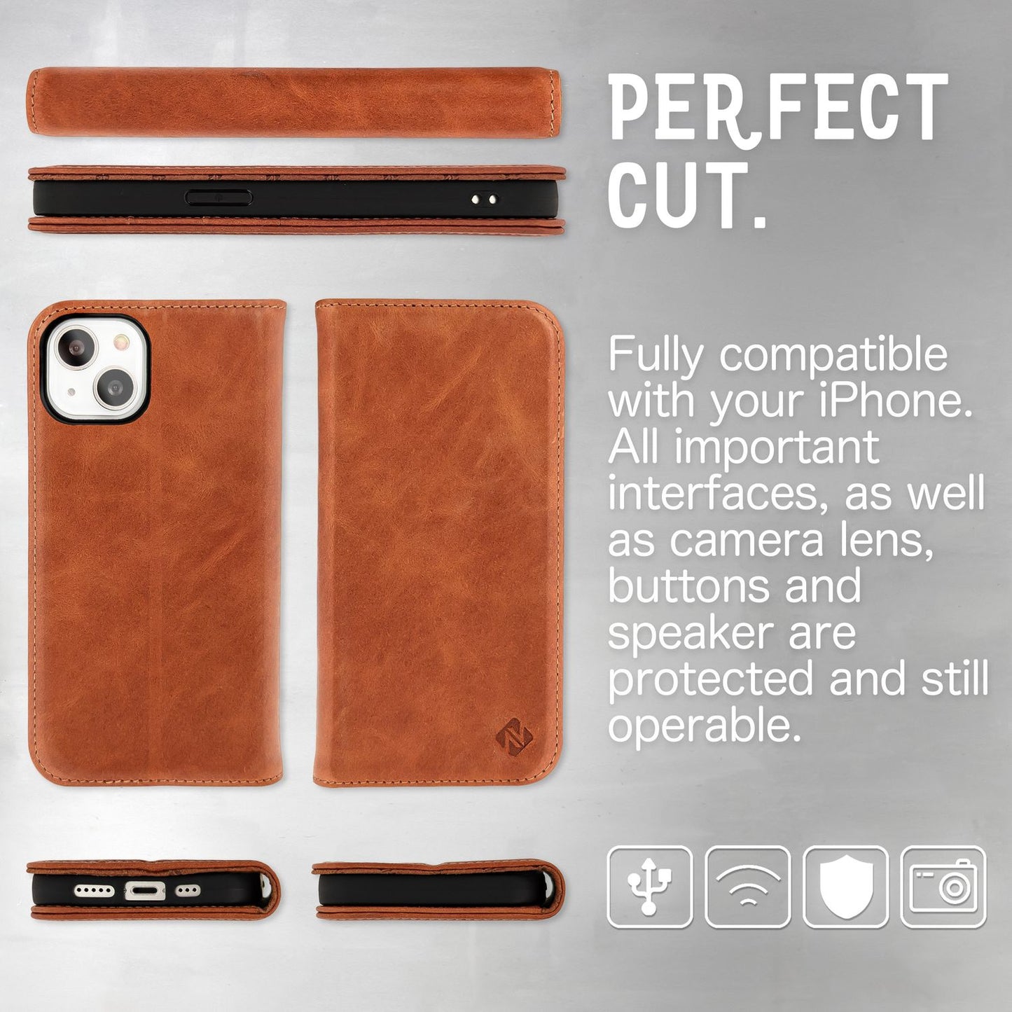 Echt Leder Hülle für iPhone 14 Plus, RFID Schutz Flipcase Klapphülle Schutzhülle