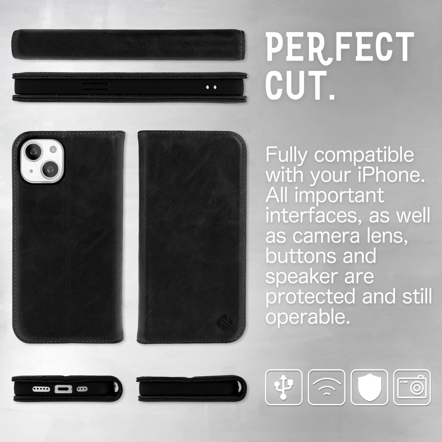 Echt Leder Hülle für iPhone 14 Plus, RFID Schutz Flipcase Klapphülle Schutzhülle