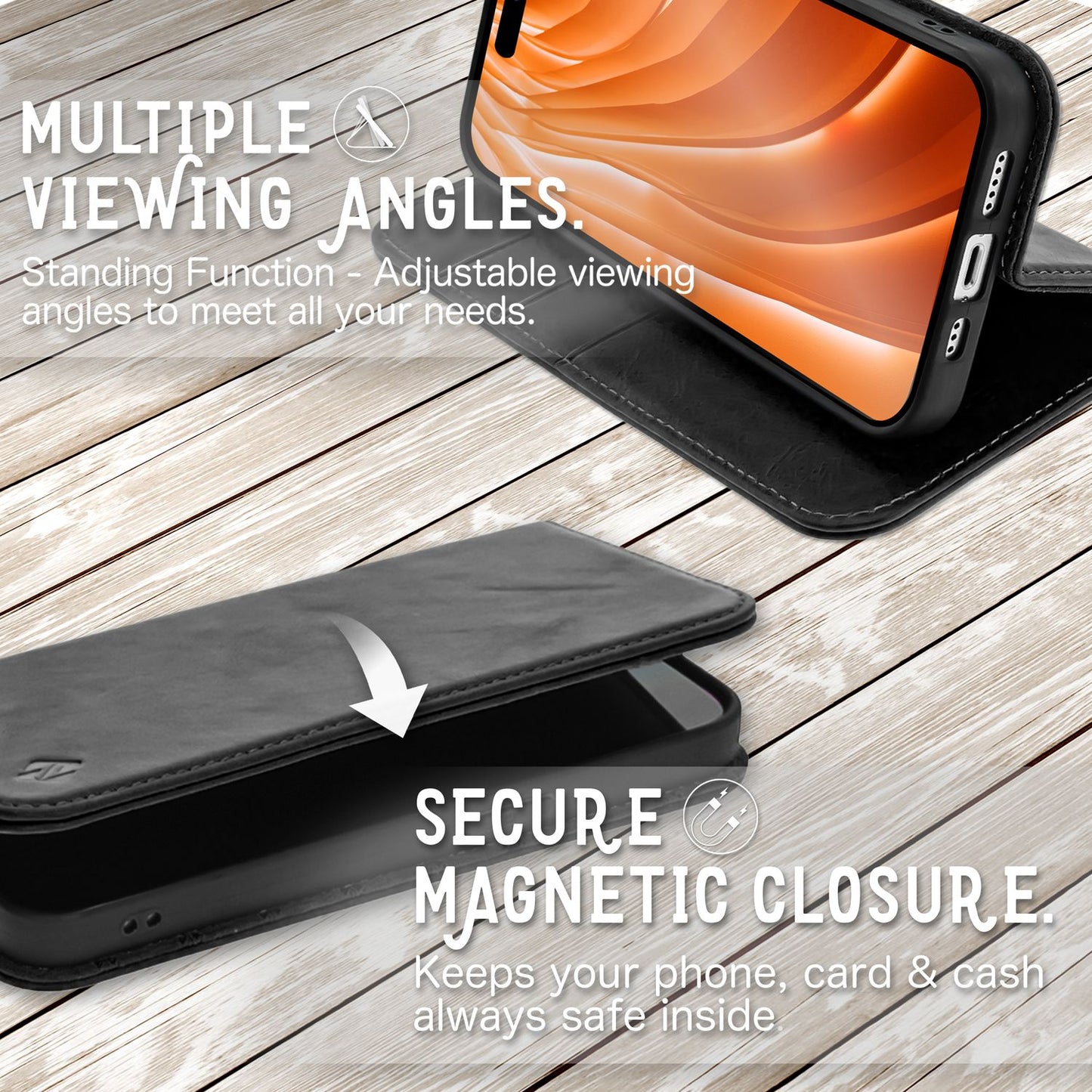 Leðurhulstur fyrir iPhone 14 Pro, RFID vörn, smelluhulstur, hlífðarhulstur