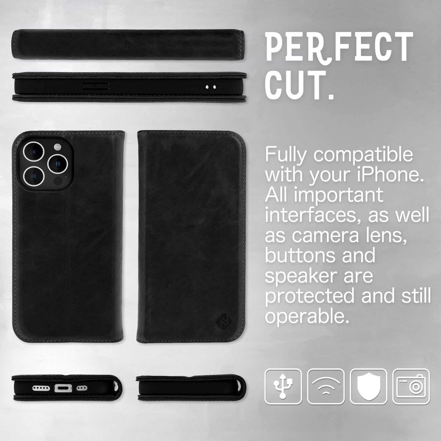 Leðurhulstur fyrir iPhone 14 Pro Max, RFID vörn, símahulstur