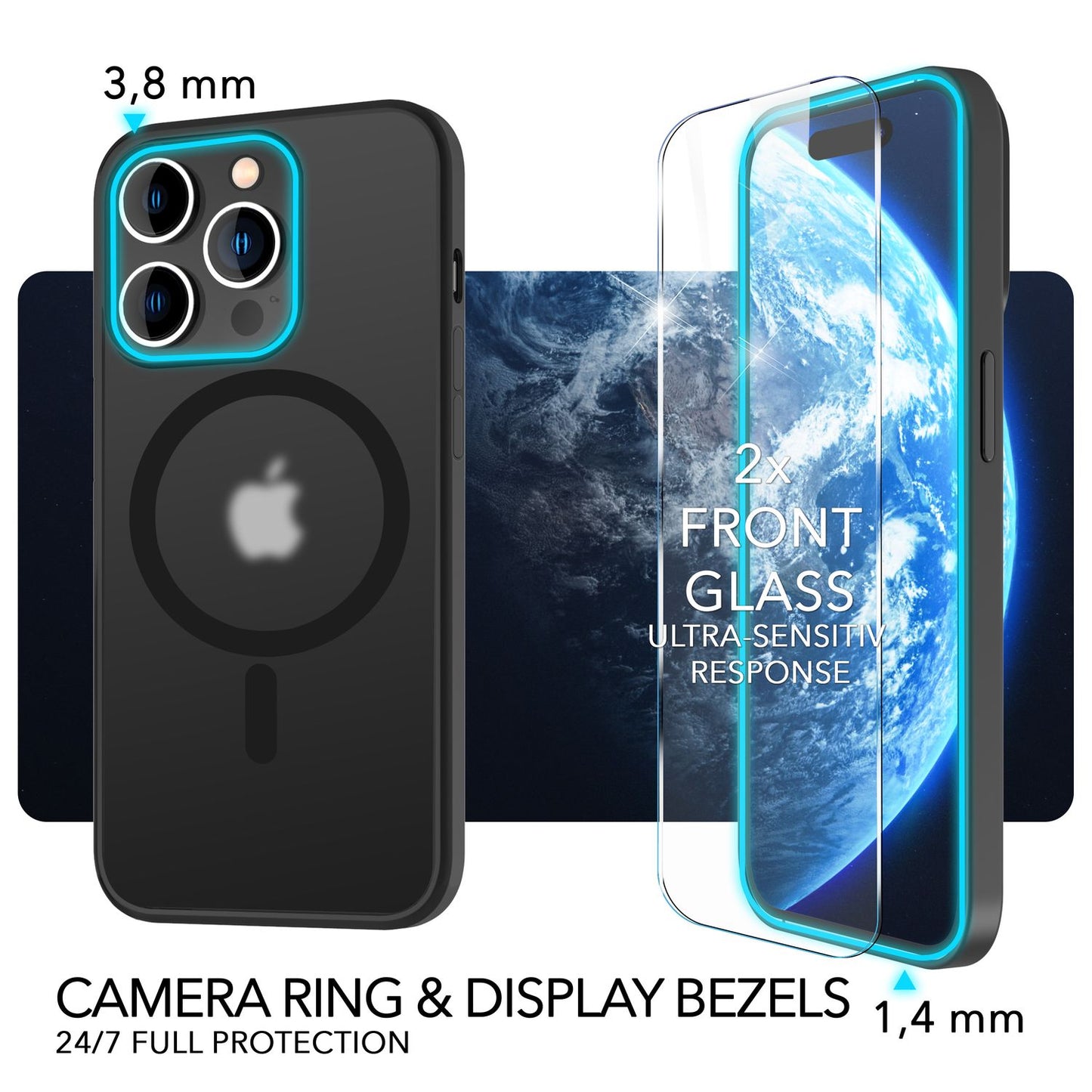 MagSafe hulstur með tvöföldu verndargleri fyrir iPhone 14 Pro, hálfgagnsætt símahulstur