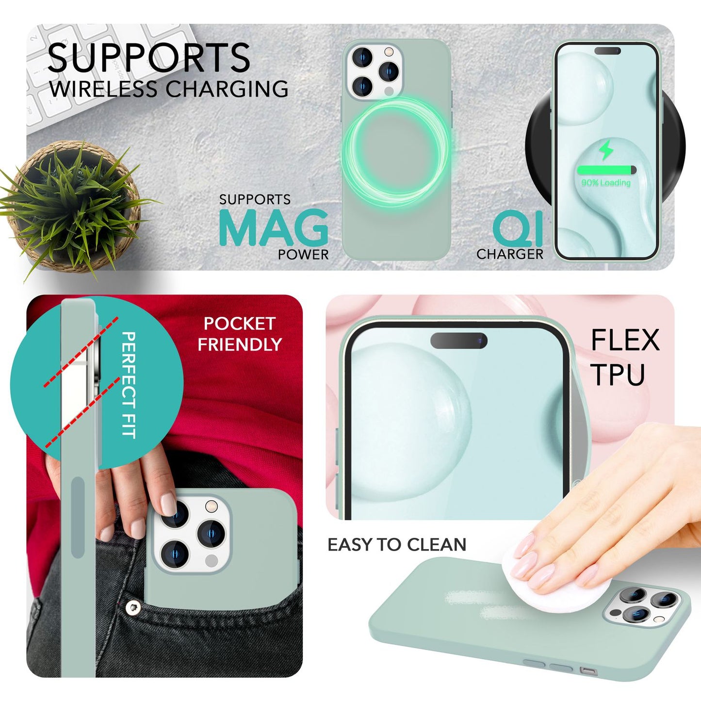 MagSafe case with 2x protective glass for iPhone 14 Pro, easy-clean silicone cover