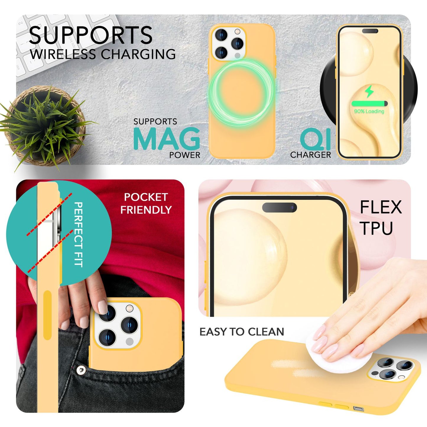 MagSafe case with 2x protective glass for iPhone 14 Pro, easy-clean silicone cover