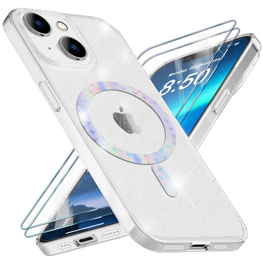 Glitter MagSafe case and 2x screen protectors for iPhone 14, clear display film cover