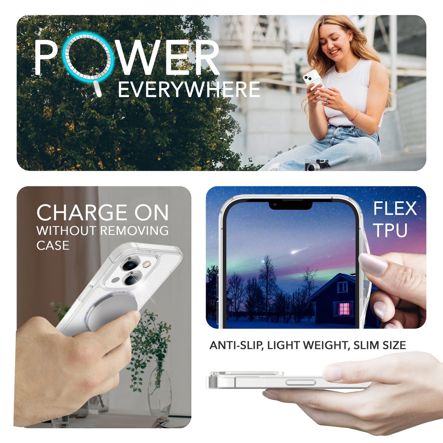 Glitter MagSafe case and 2x screen protectors for iPhone 14, clear display film cover