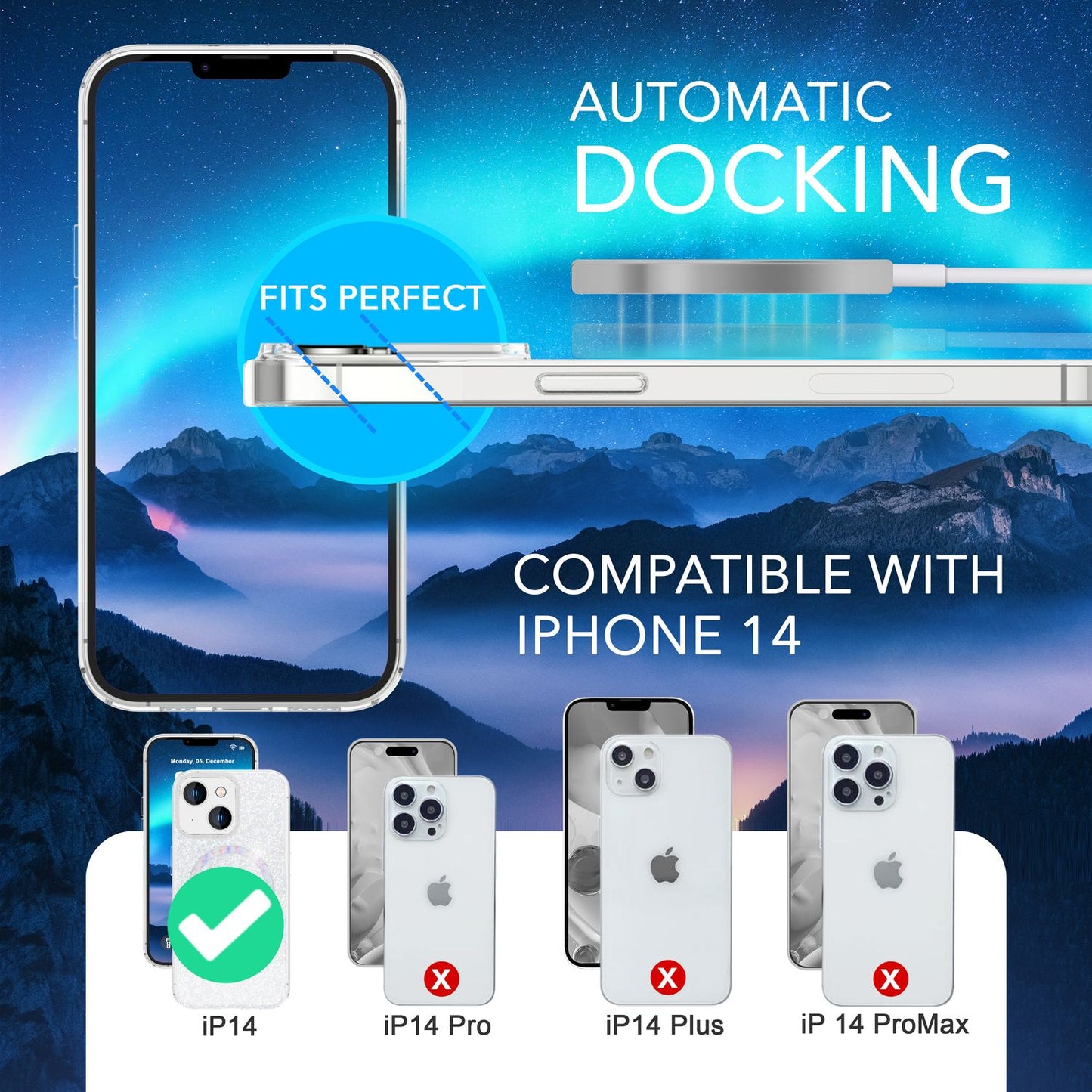 Glitter MagSafe case and 2x screen protectors for iPhone 14, clear display film cover