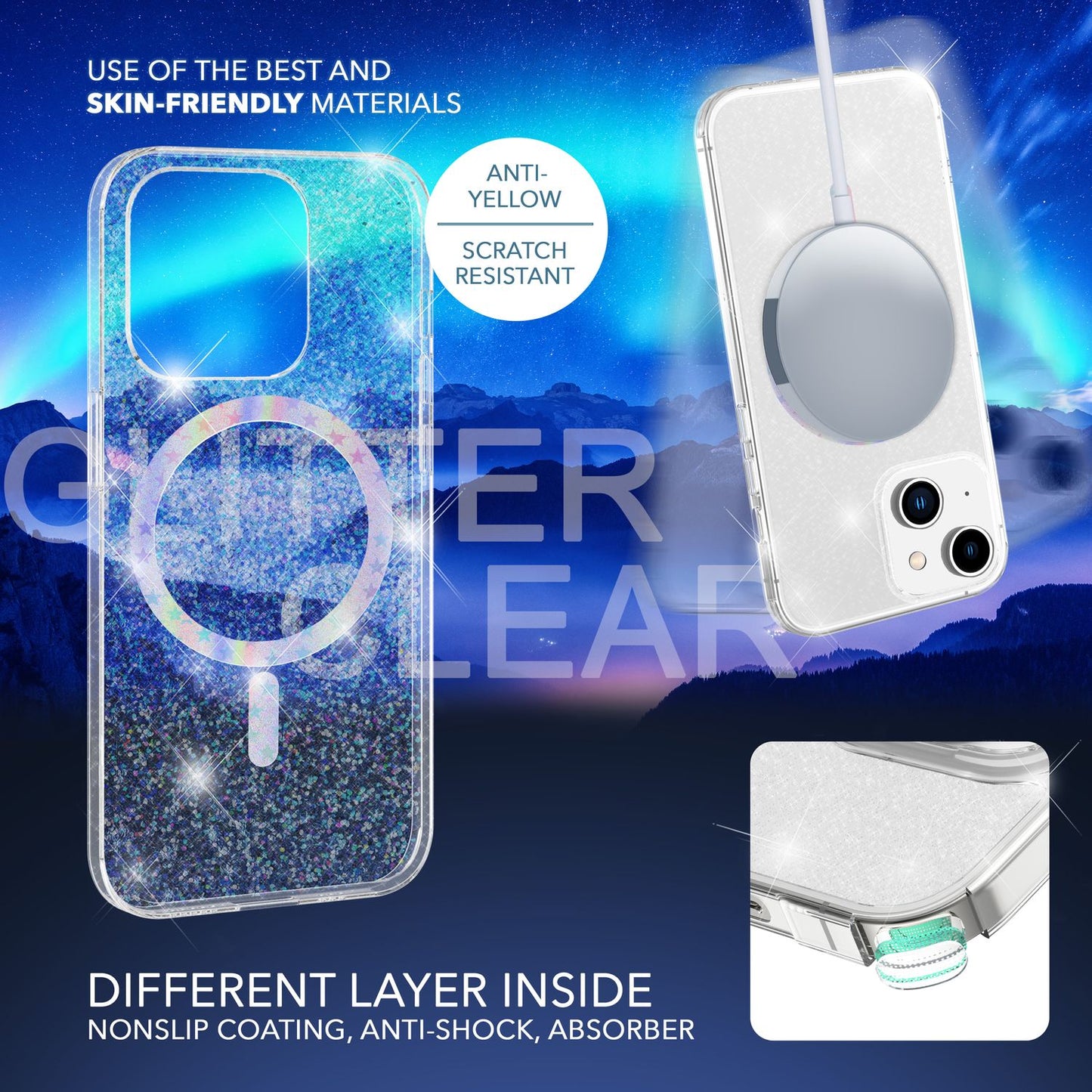 Glitter MagSafe case and 2x screen protectors for iPhone 14, clear display film cover