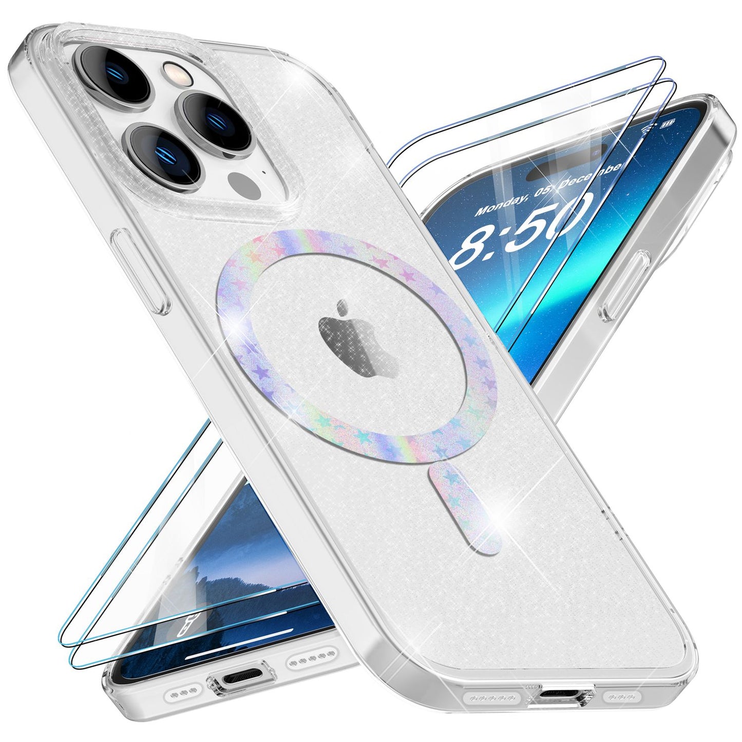 Glitrandi MagSafe hulstur og tvær skjáhlífar fyrir iPhone 14 Pro, gegnsæ skjáfilma