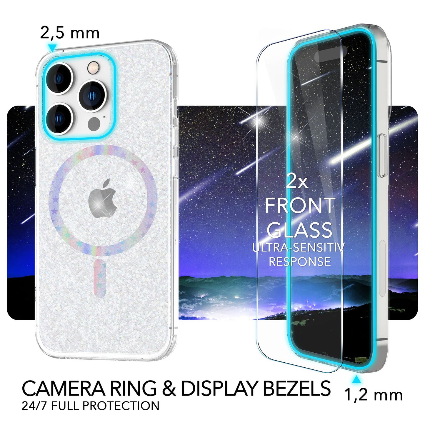 Glitrandi MagSafe hulstur og tvær skjáhlífar fyrir iPhone 14 Pro, gegnsæ skjáfilma