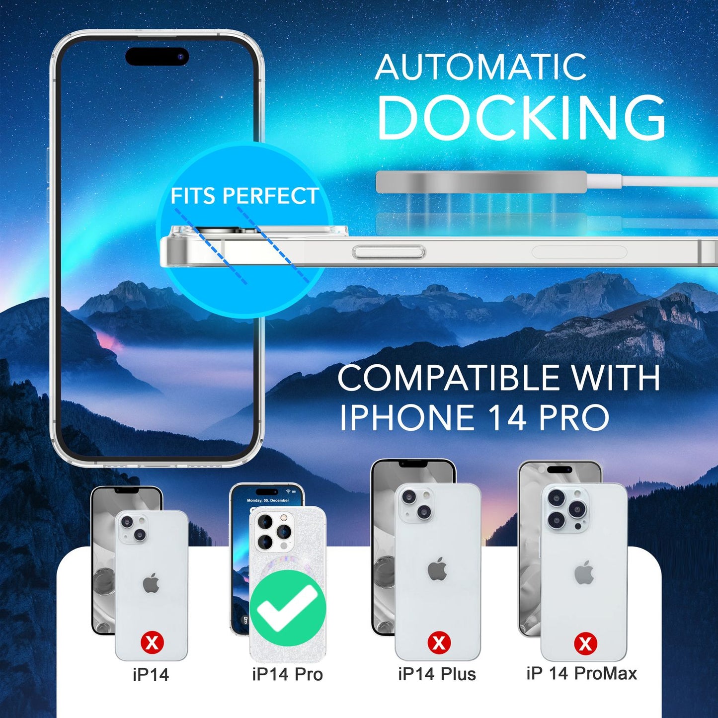 Glitrandi MagSafe hulstur og tvær skjáhlífar fyrir iPhone 14 Pro, gegnsæ skjáfilma