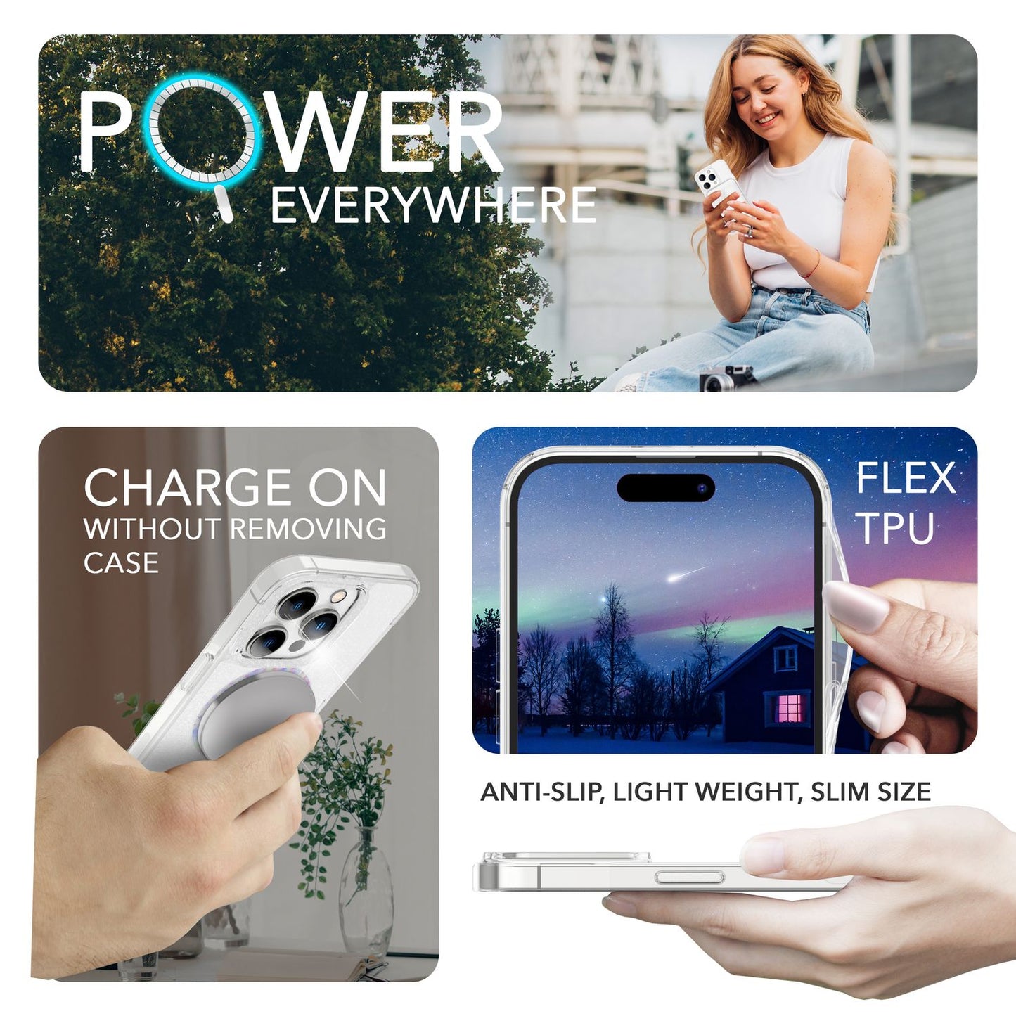 Glitrandi MagSafe hulstur og tvær skjávörn fyrir iPhone 14 Pro Max, gegnsætt hulstur