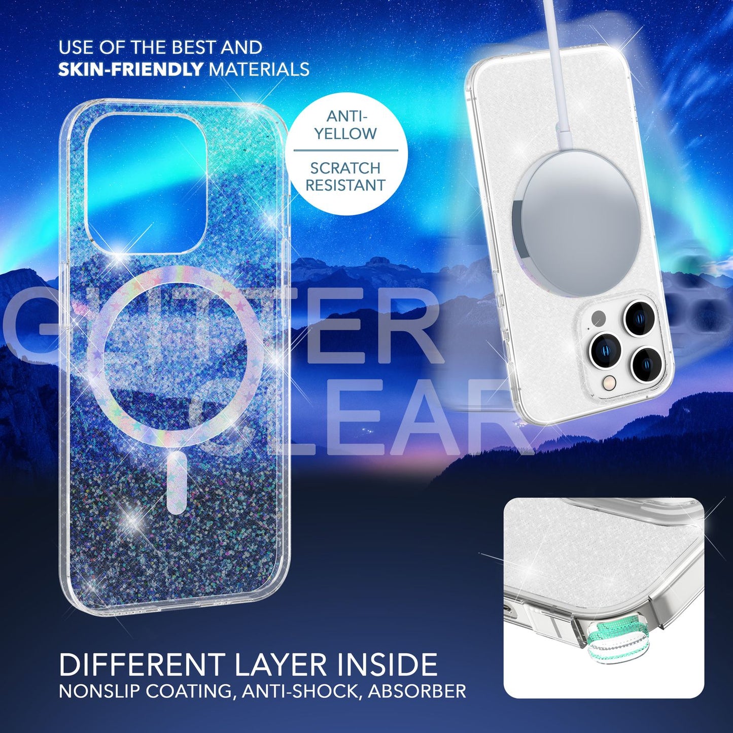 Glitrandi MagSafe hulstur og tvær skjávörn fyrir iPhone 14 Pro Max, gegnsætt hulstur